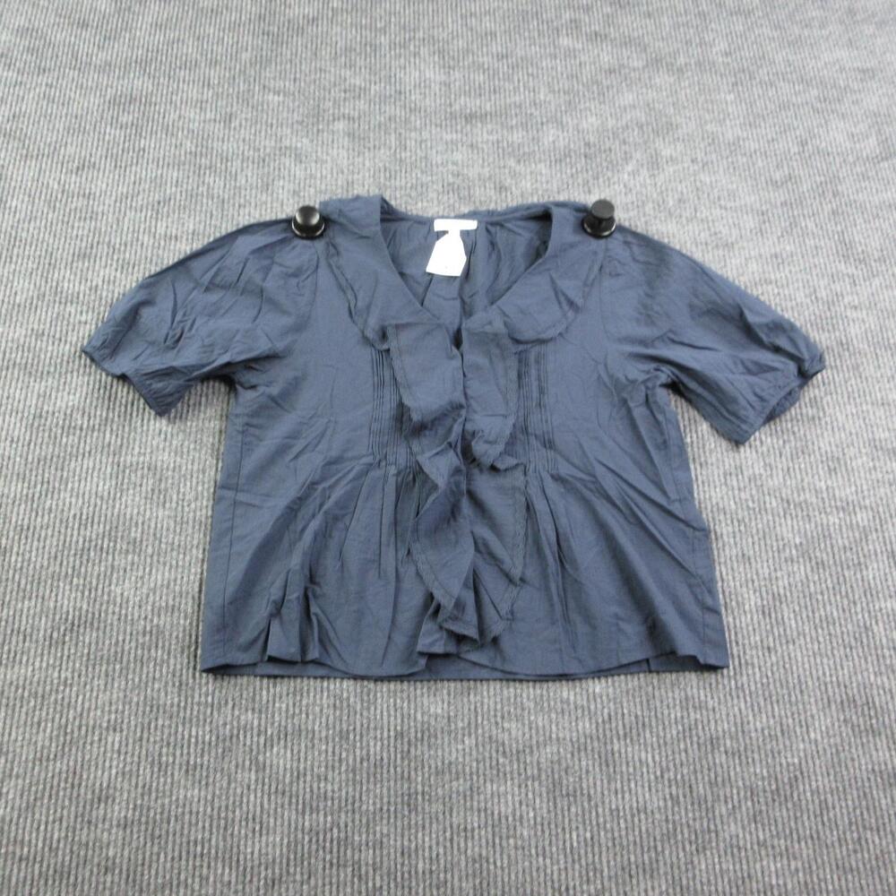 Wishlist Blouse Womens M Blue V-Neck Puff Sleeve Ruffle Lightweight Cotton NWT